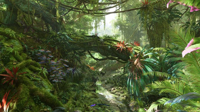 Un paysage de jungle luxuriante, des vignes épaisses et des racines frisées, dans Avatar : Frontiers of Pandora.