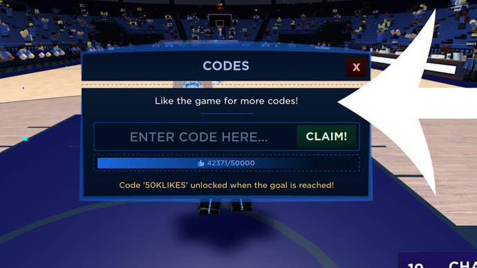Flèche pointant vers le menu des codes dans le jeu Roblox Basketball Legends.