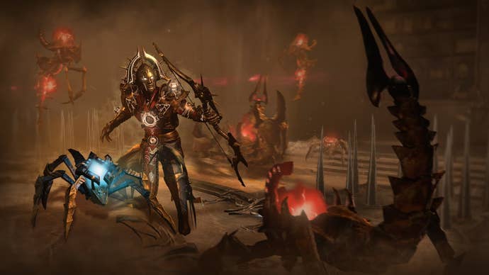 Un personnage joueur et compagnon dans Diablo 4, dans un environnement infernal.