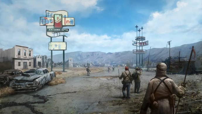 Un groupe de commerçants voyageant dans l'art conceptuel pour Fallout New Vegas.