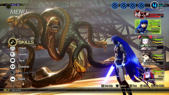 Un écran d'interface utilisateur de combat encombré dans lequel un protagoniste humain/démon bleu combat une bête à tête de serpent.