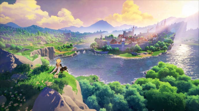 Illustration montrant le personnage principal de Genshin Impact assis sur une colline surplombant le monde animé du jeu.