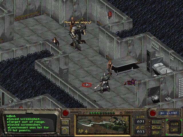Capture d'écran de la vue isométrique de Fallout 1, en style MS-DOS.
