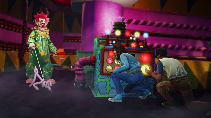 Un Klown détecte les survivants humains à l'aide d'un chien ballon sensible dans une arcade dans Killer Klowns from Outer Space The Game