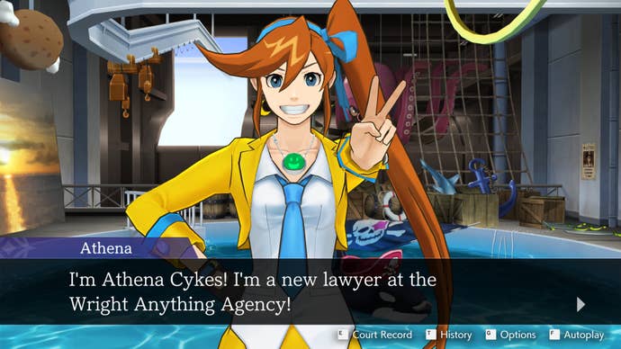 Athena Cykes se présente dans Ace Attorney : Dual Destinies.