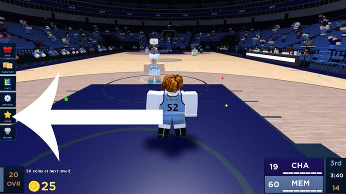 Flèche pointant vers le bouton sur lequel les joueurs doivent appuyer pour accéder au menu des codes dans Basketball Legends.