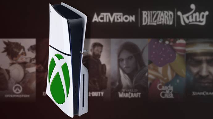 Une PS5, avec un logo Xbox vert, repose sur une image floue du roi, d'Activision et Blizzard logos.