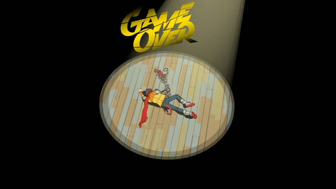 Le texte indique « Game Over » et Chai de Hi-Fi Rush se trouve au milieu d'un projecteur, entouré de noir.