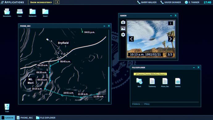 Le joueur regarde une carte, un appareil photo et certains documents via le PC du jeu dans The Operator.